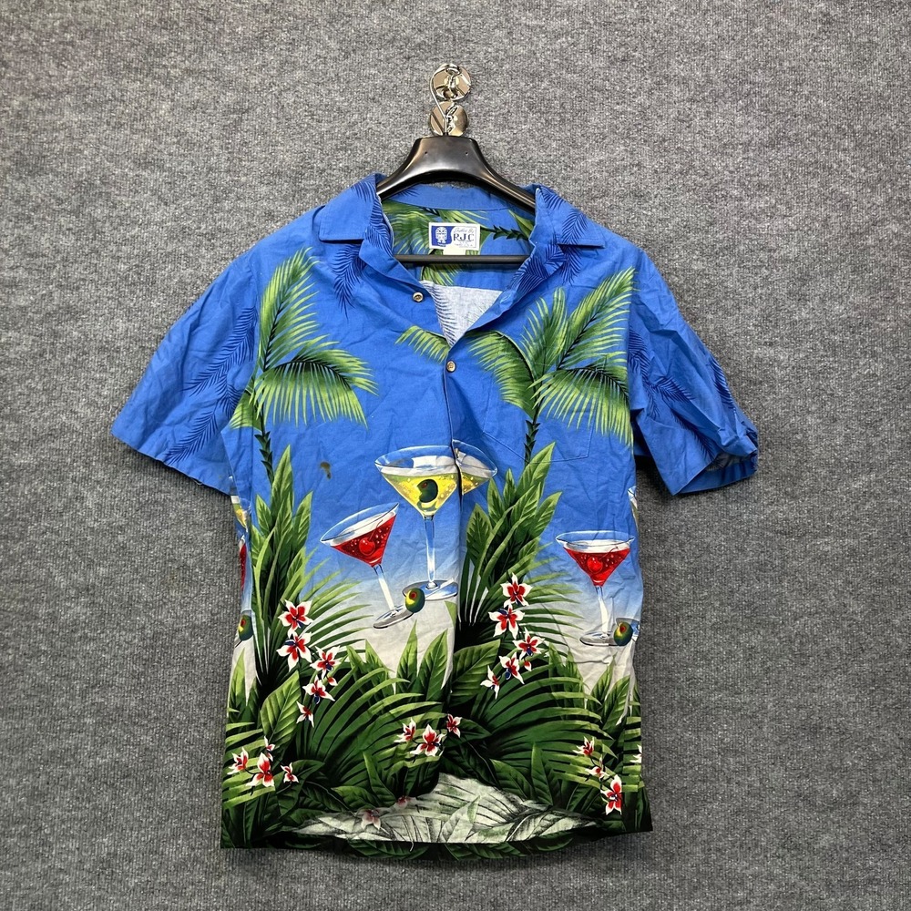 Vintage RJC Hawaiian Shirt Men's Blue Martini Palm Tree Print Button Up - Large
